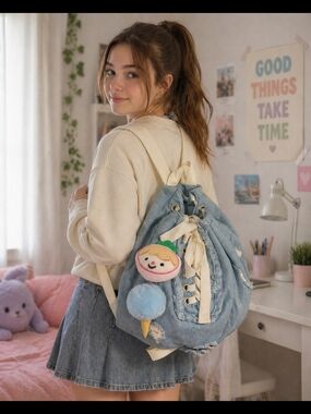 Zara Light Blue Denim-Style Drawstring Kids Backpack with Ice Cream Plush Charms